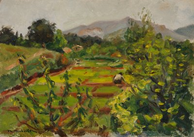 Marousi Landscape with Mountain and View — Oil painting, Fiberboard, 25.00×35.00cm — Theodoros Markellos
